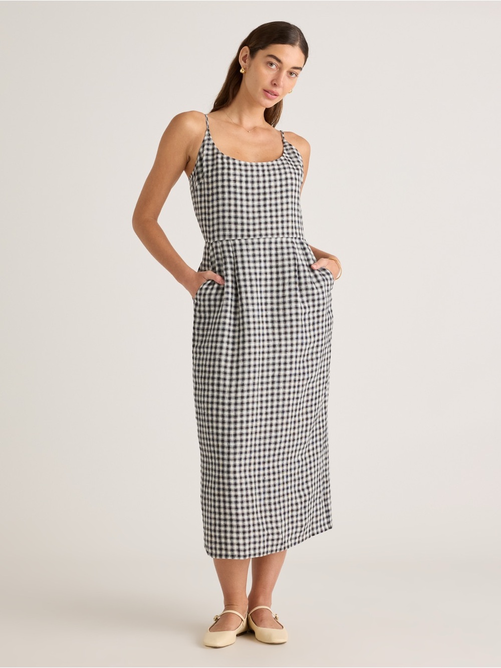 Quince 100% European Linen Scoop Neck Midi Dress In Khaki/Black Gingham Size L